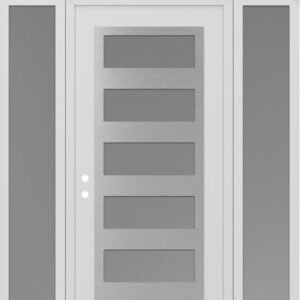 Modern Steel Front Door Diamond C9 64" x 96" white/white frosted Glass Panel stainless steel RHI with 2 Sidelites and Transom frosted Glass