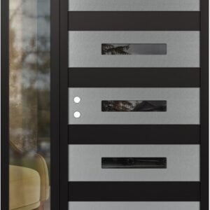 Modern Steel Front Door Diamond D9 50" x 80" black/black mirrored Glass Panel stainless steel RHI with Sidelite frosted Glass