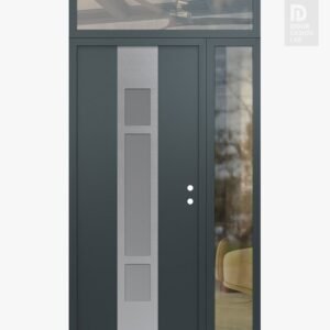 Modern Steel Front Door DIAMOND A9 48" X 96" ANTHRACITE/ANTHRACITE FROSTED GLASS PANEL STAINLESS STEEL LHI WITH SIDELITE AND TRANSOM CLEAR GLASS