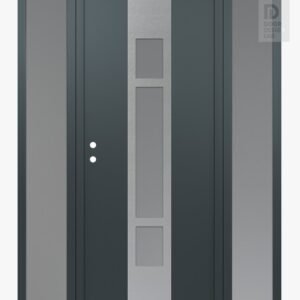 Modern Steel Front Door DIAMOND A9 60" X 80" ANTHRACITE/ANTHRACITE FROSTED GLASS PANEL STAINLESS STEEL RHI WITH 2 SIDELITES FROSTED GLASS